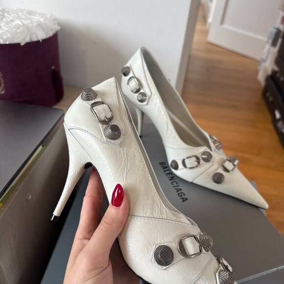 NWT Balenciaga Cagole Pointed Toe Pumps 90mm White Leather Stiletto Heels Sz 41 - Picture 5 of 9